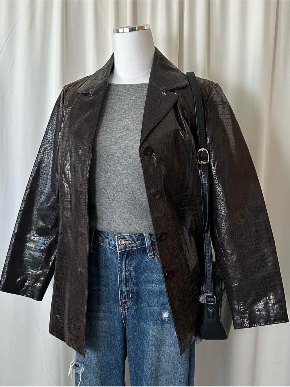 Croc-Embossed Leather Jacket - Dark Brown